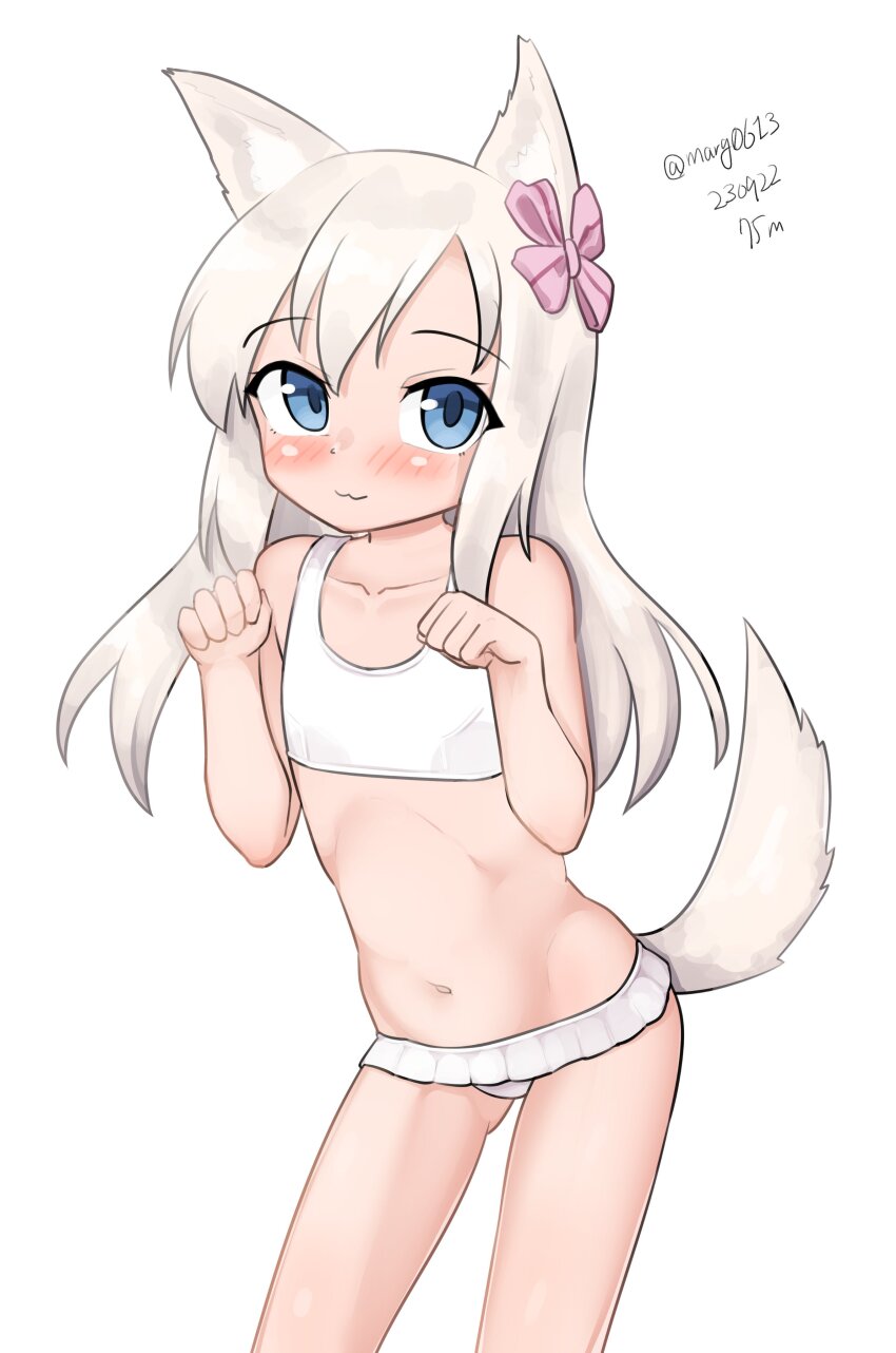 1girl absurdres animal_ears bikini blonde_hair blue_eyes cat_ears cat_tail cosplay frilled_bikini frills hair_ribbon highres kantai_collection leaning_forward long_hair looking_at_viewer maru_(marg0613) official_alternate_costume one-hour_drawing_challenge paw_pose ribbon ro-500_(kancolle) ro-500_(kancolle)_(cosplay) ro-500_(swimsuit)_(kancolle) simple_background solo standing swimsuit tail u-511_(kancolle) white_background white_bikini