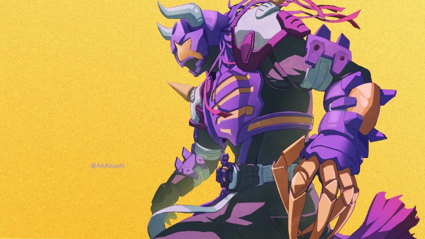 1boy aaatsushi black_bodysuit bodysuit buffalo chainsaw claw_(weapon) desire_driver rider_belt fingernails horns jacket kamen_rider kamen_rider_buffa kamen_rider_geats_(series) long_fingernails male_focus orange_eyes print_vest purple_scarf raise_buckle scarf sharp_fingernails shirt shoulder_spikes sleeves_rolled_up spikes vest weapon x_x yellow_background zombie zombie_breaker zombie_buckle