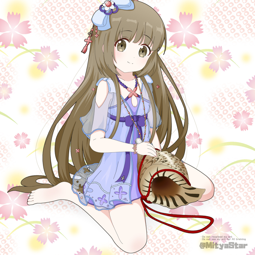 1girl barefoot boots bow breasts brown_eyes brown_hair cleavage cleavage_cutout closed_mouth clothing_cutout commentary_request conch dress floral_background full_body grey_boots hair_bow highres idolmaster idolmaster_cinderella_girls long_hair looking_at_viewer mitya purple_bow purple_dress see-through_clothes see-through_dress short_sleeves sitting small_breasts smile solo twitter_username very_long_hair wariza watermark yorita_yoshino