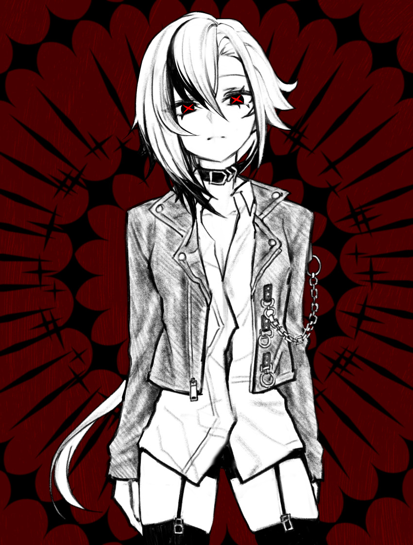1girl arlecchino_(genshin_impact) chain closed_mouth collared_shirt commentary_request expressionless garter_straps genshin_impact hair_between_eyes highres jacket long_sleeves looking_at_viewer medium_hair multicolored_hair open_clothes open_jacket peruere_(genshin_impact) shironism shirt short_shorts shorts single_sidelock solo spot_color symbol-shaped_pupils thighhighs x-shaped_pupils