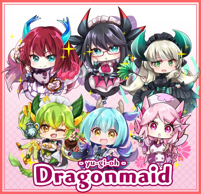 6+girls az_(colorb05) black_dress black_hair black_tail blonde_hair blue_eyes blue_hair blue_tail breasts chamber_dragonmaid chibi cleavage cleavage_cutout clothing_cutout copyright_name dragon_girl dragon_horns dragon_tail dress duel_monster fang glass green_eyes green_hair green_tail green_thighhighs hat highres holding holding_syringe horns house_dragonmaid kitchen_dragonmaid large_breasts laundry_dragonmaid long_dress long_hair maid maid_headdress multiple_girls nurse nurse_cap nurse_dragonmaid one_eye_closed parlor_dragonmaid pink_eyes pink_hair pink_tail red_hair red_tail semi-rimless_eyewear short_hair small_breasts sparkle syringe tail thighhighs twintails under-rim_eyewear yellow_eyes yu-gi-oh!