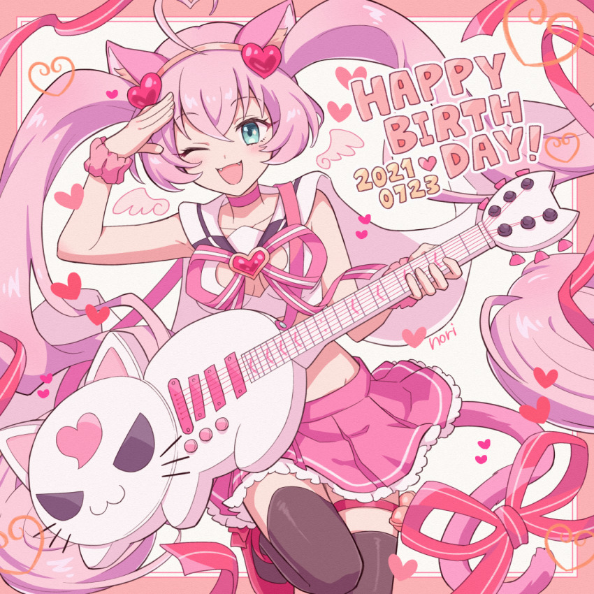 1girl ;d ahoge animal_ears black_thighhighs blue_eyes border breasts cape cat_ears cat_girl cat_tail chiyo_nori choker collarbone crop_top dated detached_wings electric_guitar fangs foot_out_of_frame frilled_skirt frills guitar hairband hand_on_own_head happy_birthday heart heart_ahoge highres holding holding_guitar holding_instrument instrument leg_up long_hair looking_at_viewer neck_ribbon one_eye_closed open_mouth outside_border pink_border pink_choker pink_hair pink_hairband pink_skirt ribbon rosia_(show_by_rock!!) scrunchie shirt show_by_rock!! skirt smile solo standing standing_on_one_leg tail thigh_strap thighhighs twintails very_long_hair white_background white_cape white_shirt wings wrist_scrunchie