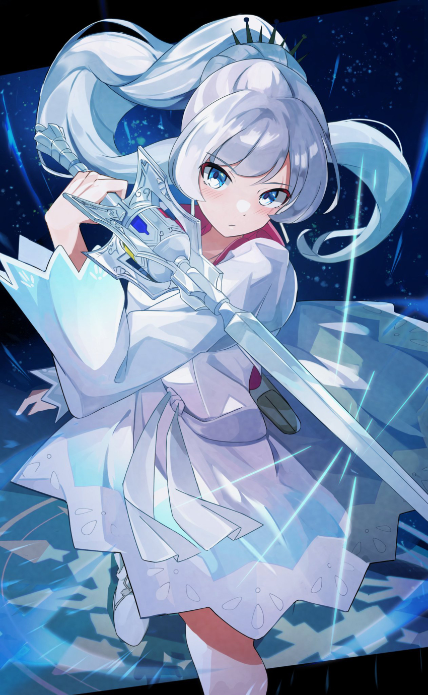 1girl blue_eyes blush closed_mouth dress fighting_stance floating_hair glyph hair_ornament hand_up highres holding holding_sword holding_weapon light_rays looking_at_viewer myrtenaster ponytail pouch rwby sash scar scar_across_eye scar_on_face solo sword tiara umiru weapon weiss_schnee white_dress white_hair
