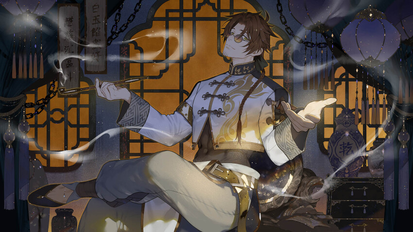 1boy abs architecture arm_holster belt belt_buckle black_ribbon black_shirt black_shoes braid brown_hair buckle chain chair chinese_clothes compression_shirt cropped_jacket curtained_hair dagger drawer east_asian_architecture facial_hair figure_four_sitting flats foot_out_of_frame green_eyes grey_pants hair_over_shoulder hair_ribbon highres holding holding_smoking_pipe indoors inui_shin&#039;ichirou jacket knife knife_sheath lantern lattice long_hair looking_at_viewer official_art orange-tinted_eyewear pants paper_lantern parted_bangs pelvic_curtain print_jacket reject_(esports) ribbon round_eyewear sayagata semi_(p-poco) shanti_(vocaloid) sheath shirt shoes sideways_glance single_braid sitting sleeve_cuffs smoke smoking_pipe stubble tangzhuang tassel tinted_eyewear vase virtual_youtuber weapon white_jacket window yellow_belt