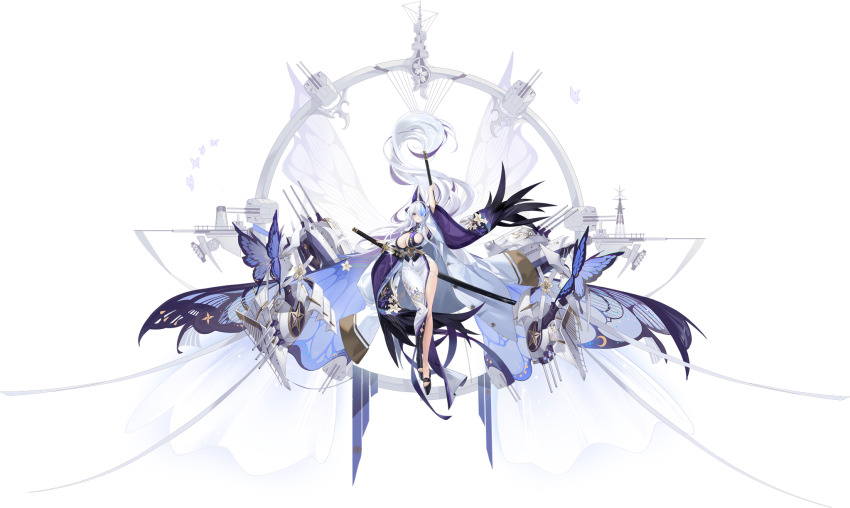 1girl arm_up azur_lane breasts bug butterfly cannon cleavage coat dress floating_hair floral_print flower full_body hair_over_one_eye hair_spread_out highres holding holding_sword holding_weapon insect japanese_clothes katana kincora large_breasts long_hair long_sleeves looking_at_viewer official_art purple_background purple_eyes rigging side_slit skindentation solo sword unzen_(azur_lane) very_long_hair weapon white_coat white_dress white_hair