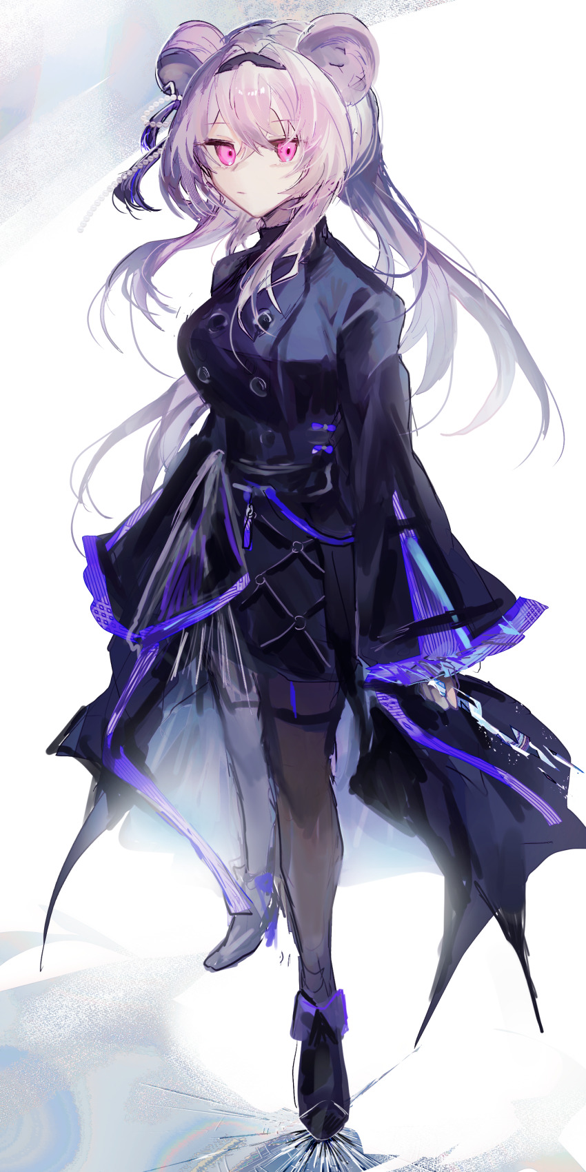 absurdres animal_ears arknights black_dress brown_pantyhose closed_mouth commentary crack dress expressionless full_body fumi_(rdbm) hair_between_eyes hair_intakes highres lin_(arknights) long_hair long_sleeves looking_at_viewer pantyhose pink_eyes pink_hair sketch standing white_background