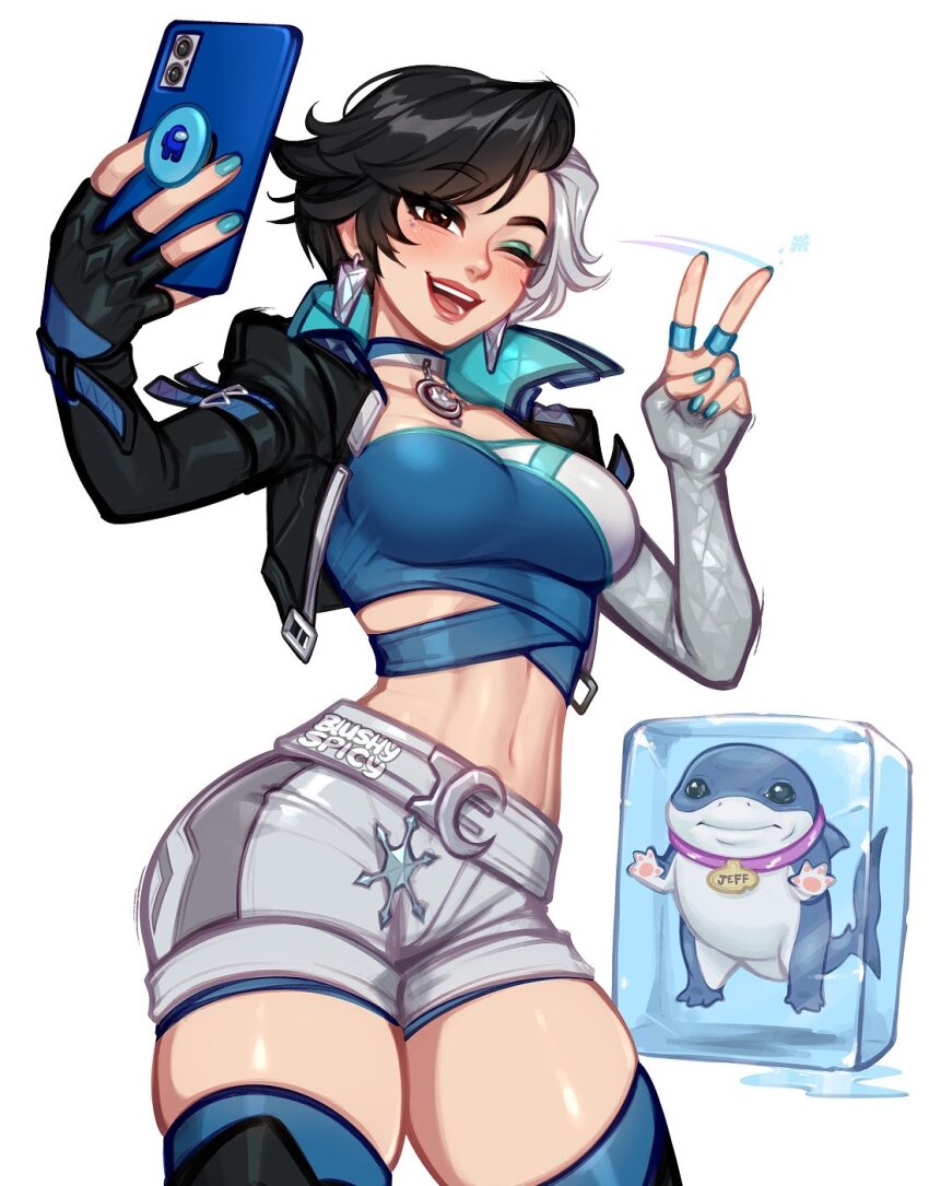 1girl black_hair black_jacket blushyspicy breasts brown_eyes crop_top frozen highres jacket jeff_(marvel) looking_at_viewer luna_snow marvel marvel_rivals multicolored_hair open_mouth shark short_hair shorts split-color_hair two-tone_hair v white_hair