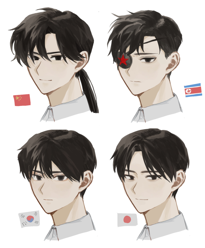 4boys bags_under_eyes black_eyes black_hair china_(saboten92) closed_mouth collared_shirt eyepatch highres japan_(saboten92) japanese_flag long_hair low_ponytail multiple_boys north_korea_(saboten92) north_korean_flag original people&#039;s_republic_of_china_flag personification ponytail saboten92 shirt smile south_korea_(saboten92) south_korean_flag white_shirt