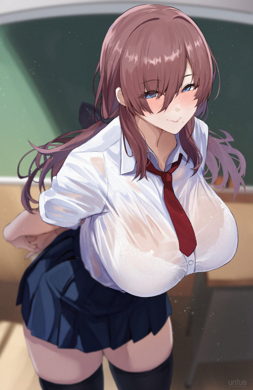 1girl arms_behind_back black_skirt black_thighhighs blue_eyes bra_visible_through_clothes breasts brown_hair classroom closed_mouth commentary hair_between_eyes highres indoors large_breasts leaning_forward long_hair looking_at_viewer low_twintails necktie original outstretched_arms pleated_skirt red_necktie school_uniform see-through_clothes see-through_shirt shirt short_sleeves skirt smile solo thighhighs twintails untue white_shirt