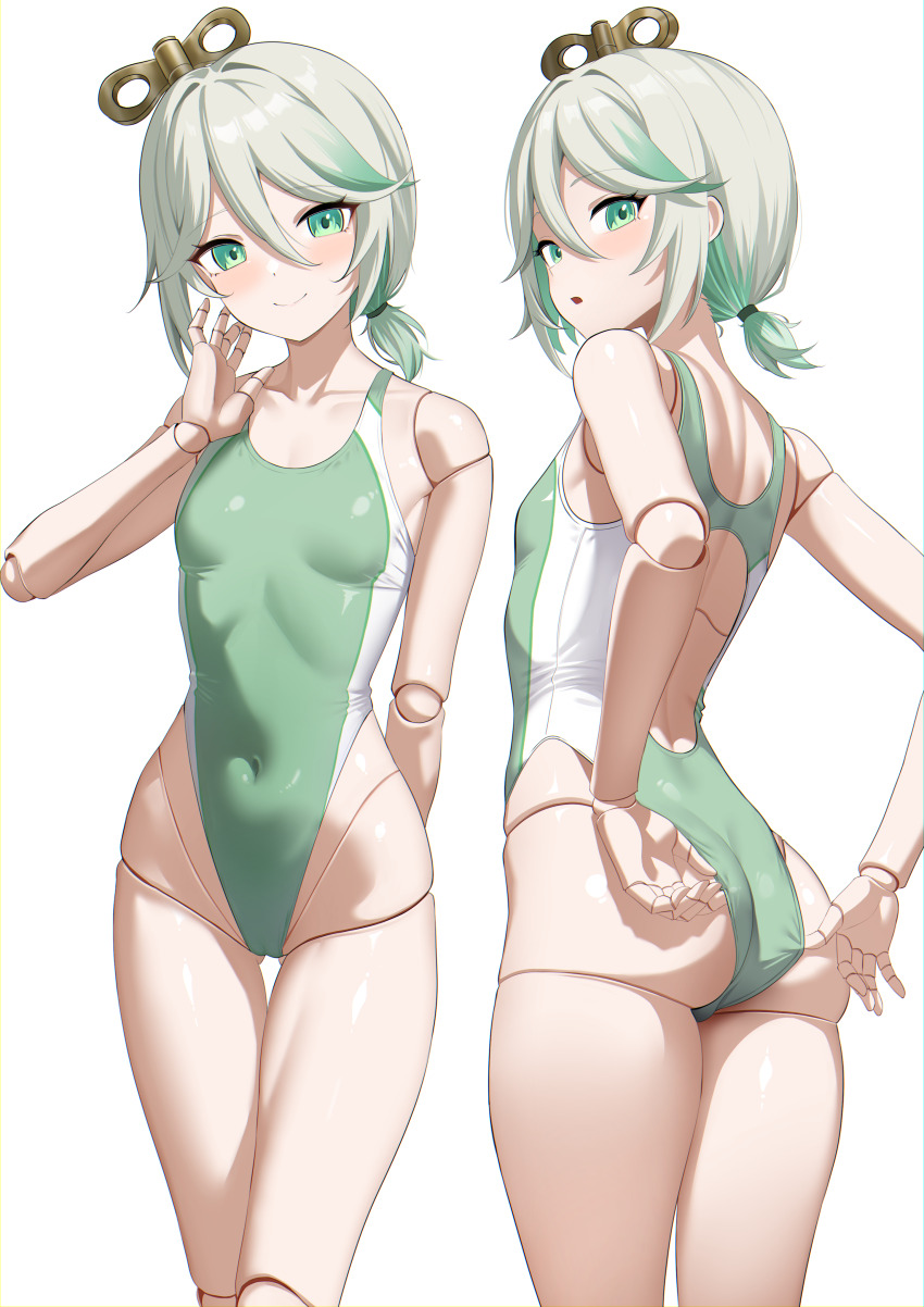 1girl absurdres adjusting_clothes adjusting_swimsuit ass back_cutout braid breasts cecilia_immergreen closed_mouth clothing_cutout colored_inner_hair commentary competition_swimsuit covered_navel doll doll_joints double-parted_bangs english_commentary gluteal_fold gradient_hair green_eyes green_hair green_one-piece_swimsuit grey_hair hair_between_eyes hair_ornament hand_up highleg highleg_one-piece_swimsuit highres hololive hololive_english joints looking_at_viewer median_furrow multicolored_hair multiple_views one-piece_swimsuit open_mouth ponytail raikkonen short_hair short_ponytail side_braid simple_background single_braid small_breasts smile swimsuit thigh_gap two-tone_one-piece_swimsuit virtual_youtuber white_background white_one-piece_swimsuit winding_key