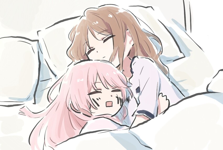 2girls bang_dream! bang_dream!_it&#039;s_mygo!!!!! body_writing brown_hair chihaya_anon closed_eyes closed_mouth commentary_request hug long_hair lying lyy multiple_girls nagasaki_soyo on_side open_mouth pajamas pillow pink_hair sidelocks under_covers yuri