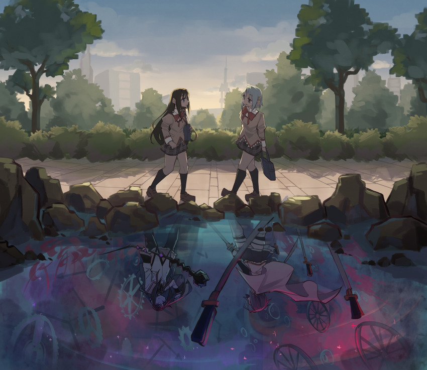 2girls absurdres akemi_homura akemi_homura_(magical_girl) argyle_clothes building bush city cityscape cosplay highres long_hair magical_girl mahou_shoujo_madoka_magica miki_sayaka miki_sayaka_(cosplay) miki_sayaka_(magical_girl) mitakihara_school_uniform multiple_girls path reflection road school_uniform togekk0 tree