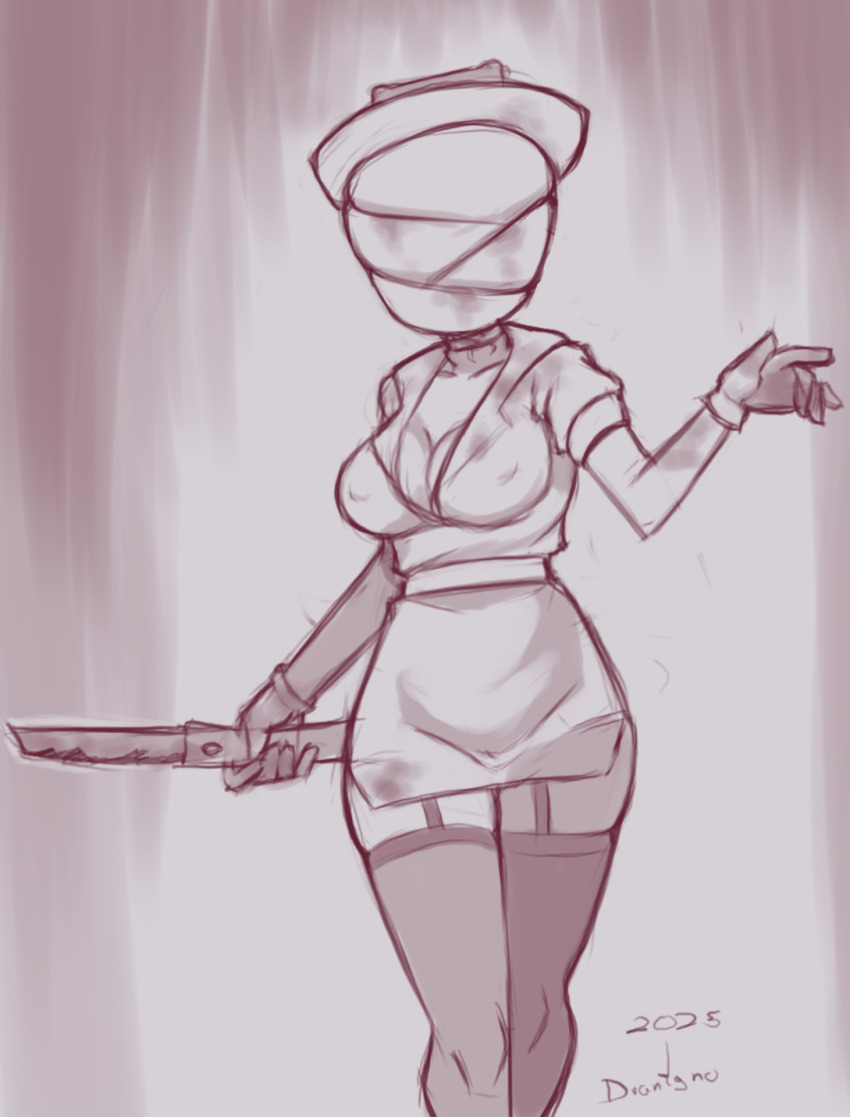 1girl 2025 20s bandaged_head bandages breasts bubble_head_nurse choker cleavage collarbone covered_erect_nipples drantyno dress garter_straps gloves hat highres holding holding_knife index_finger_raised knife konami looking_at_viewer medium_breasts monochrome nurse nurse_(silent_hill) nurse_cap short_sleeves silent_hill_(series) silent_hill_2 sketch standing thighhighs