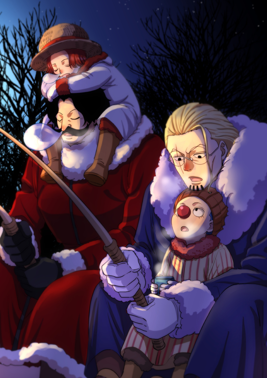 black_eyes black_gloves black_hair blonde_hair blue_coat blue_hair buggy_the_clown child closed_eyes clown_nose coat facial_hair fishing fishing_rod fur-trimmed_coat fur_trim gloves goatee gol_d._roger hat highres holding holding_fishing_rod musasabiop mustache night night_sky one_piece open_mouth red_coat red_hair red_nose shanks_(one_piece) short_hair silvers_rayleigh sitting sitting_on_person sky steam_from_mouth straw_hat thick_mustache tree white_gloves winter