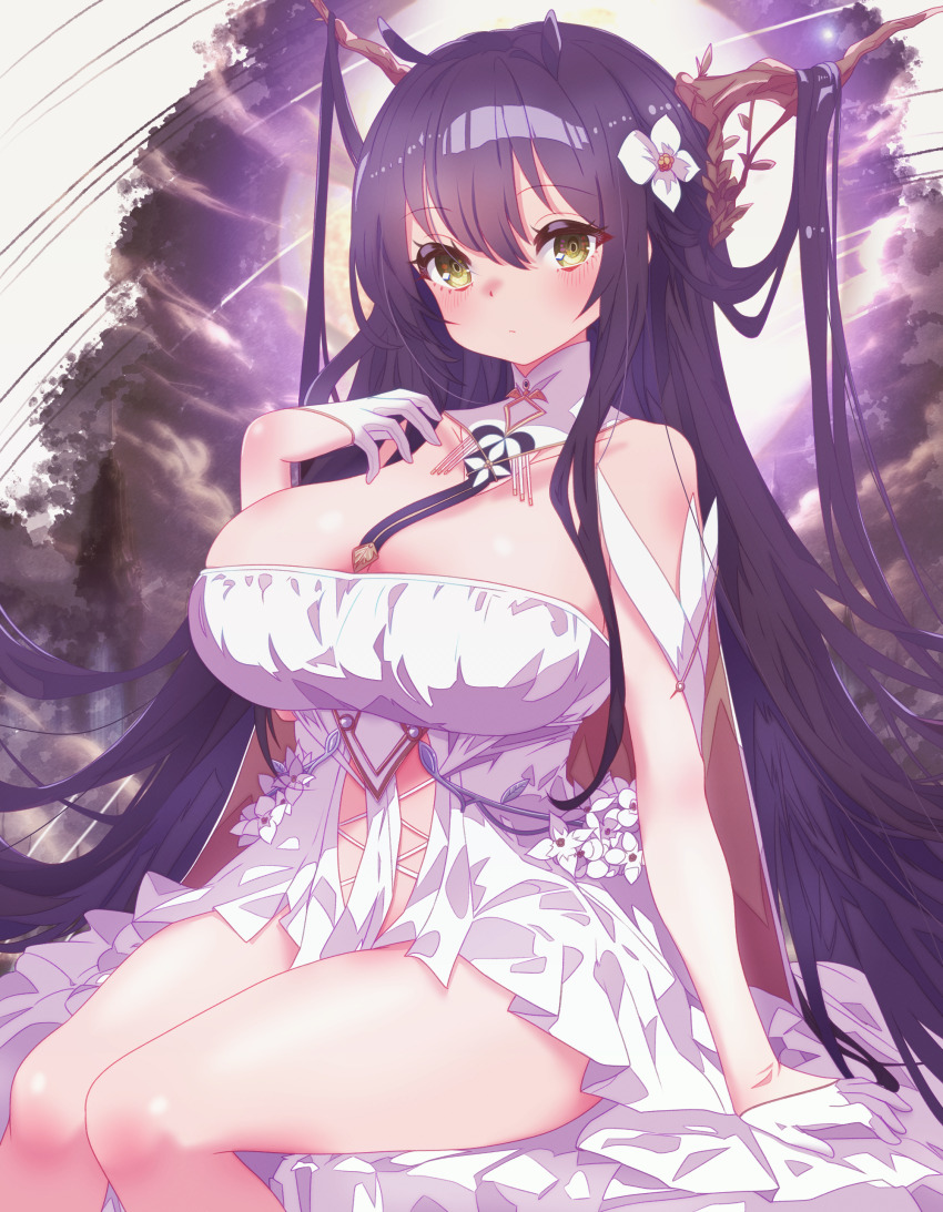 1girl absurdres arbiter1 arm_support azur_lane breasts closed_mouth commentary_request dress flower hair_between_eyes hair_flower hair_ornament highres indomitable_(azur_lane) large_breasts long_hair looking_at_viewer purple_eyes sidelocks sitting solo thighs very_long_hair white_dress white_flower yellow_eyes