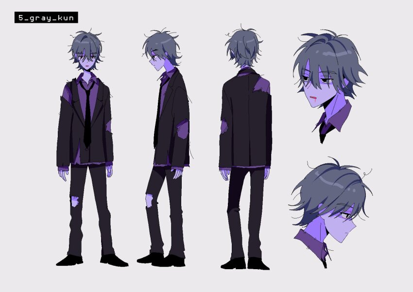 5boys ahoge anime_coloring arms_at_sides black_collar black_footwear black_necktie black_outline black_pants black_sleeves black_suit bleeding blood blood_from_mouth character_name closed_mouth collar collared_shirt collared_suit colored_skin commentary concept_art dress_shoes english_text expressionless eyes_visible_through_hair facing_away formal_clothes from_behind from_side frown gray-kun_(kaiba_seichoutsuu)_(zutomayo) gray-kun_(zutomayo) grey_hair hair_between_eyes kaiba_seichoutsuu_(zutomayo) lapels legs_apart long_sleeves loose_hair_strand messy_hair multiple_boys multiple_views myon_(tokipi) necktie notched_lapels official_art open_mouth outline pants pixel_art production_art purple_collar purple_shirt purple_skin purple_sleeves purple_undershirt second-party_source shirt single_hair_intake sleeves_past_wrists standing suit torn_clothes torn_pants torn_shirt torn_sleeves torn_suit turnaround undershirt zutto_mayonaka_de_ii_no_ni