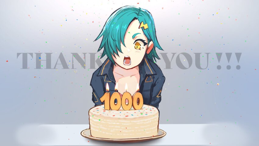 1girl :o arms_at_sides black_jacket blue_hair blush breasts cake candlelight collarbone collared_jacket commentary confetti english_commentary english_text eyebrows_hidden_by_hair fire fish_hair_ornament flipped_hair food hair_ornament hair_over_one_eye highres jacket jaw_drop long_eyelashes long_sleeves looking_at_food looking_at_object looking_down milestone_celebration number_candle open_clothes open_jacket open_mouth original parted_bangs parted_hair pink_shirt plate pov_across_table shirt short_hair sidelocks small_breasts solo spiked_hair sprinkles straight-on surprised table teeth text_background thank_you thick_eyebrows thick_eyelashes upper_body v-shaped_eyebrows vertigris white_background wide-eyed yellow_eyes