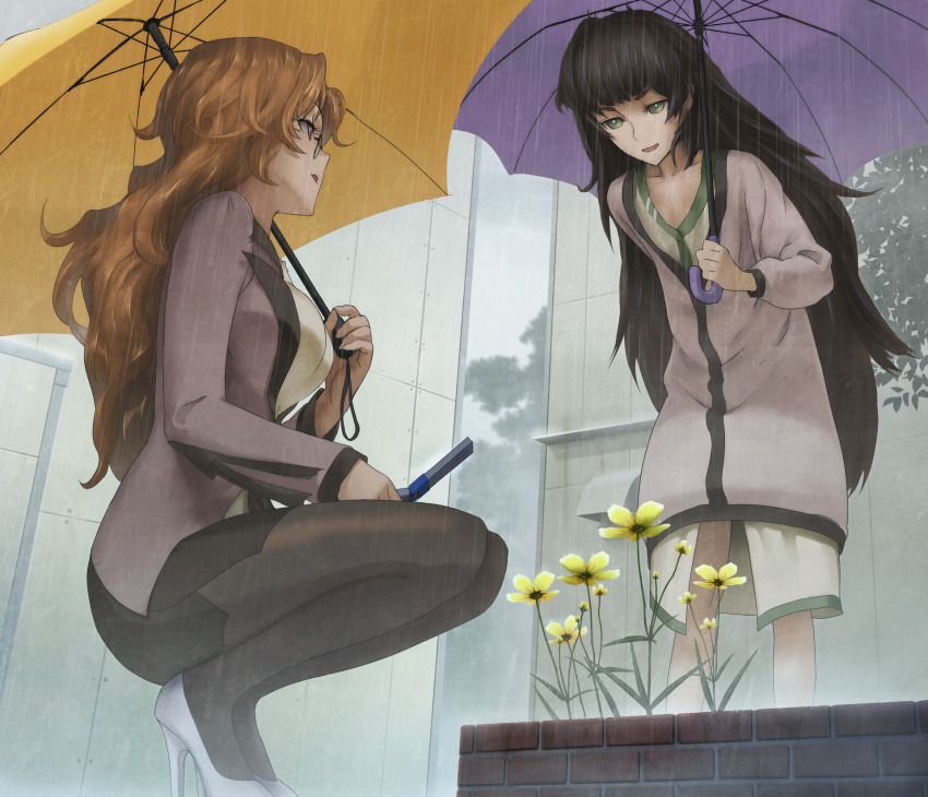 2girls black_pantyhose blonde_hair blouse blunt_bangs breasts cellphone clothing_request cloud cloudy_sky collar collarbone dress expressionless flat_chest flip_phone flower from_below game_cg glasses green_collar green_dress green_eyes green_hair green_trim grey_jacket grey_sky hair_between_eyes high_heels highres hiyajou_maho holding holding_phone holding_umbrella huke jacket jacket_over_dress jitome kiryuu_moeka leaf long_hair long_sleeves looking_at_another medium_breasts messy_hair miniskirt multiple_girls non-web_source office_lady official_art open_mouth outdoors pantyhose phone pink_eyes rain ringed_eyes shirt shoes skirt sky smug squatting steins;gate steins;gate_0 thick_eyebrows tree umbrella very_long_hair white_shirt white_shoes
