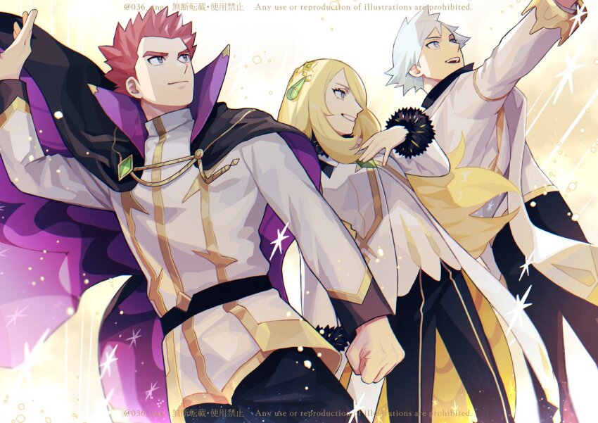 1girl 2boys :d arm_up belt black_belt black_cape black_pants blonde_hair cape clenched_hand closed_mouth commentary_request cynthia_(arc_suit)_(pokemon) cynthia_(pokemon) eyelashes grey_eyes grin hand_up jacket lance_(arc_suit)_(pokemon) lance_(pokemon) long_hair long_sleeves multiple_boys nintendo official_alternate_costume open_mouth outstretched_arm pants pokemon pokemon_masters_ex red_hair short_hair smile spiked_hair steven_stone steven_stone_(arc_suit) teeth twitter_username upper_teeth_only watermark y_(036_yng)