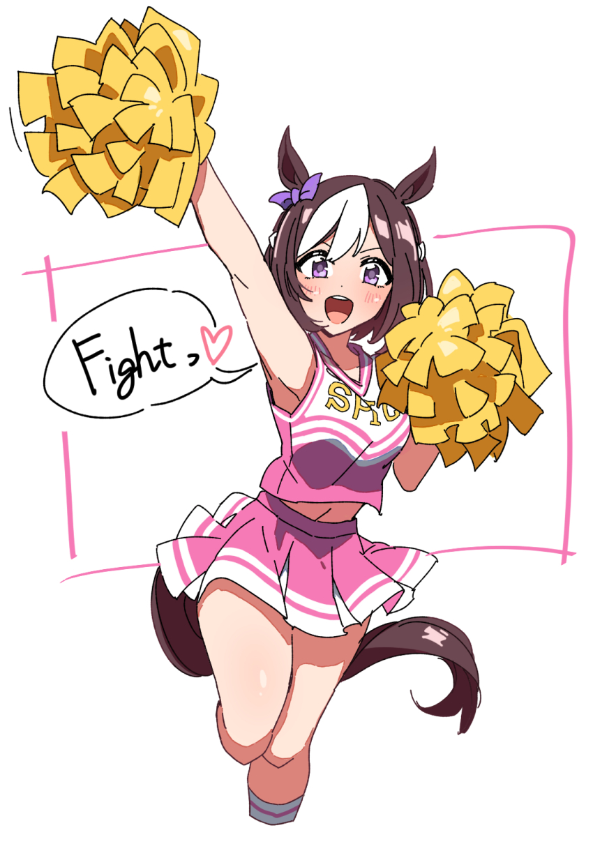 1girl alternate_costume animal_ears arm_up armpits breasts brown_hair cheerleader collarbone durindana_7 english_text hair_between_eyes hair_ornament highres horse_ears horse_tail leg_up looking_at_viewer medium_breasts medium_hair open_mouth pom_pom_(cheerleading) simple_background solo special_week_(umamusume) tail umamusume umamusume_(anime) white_background