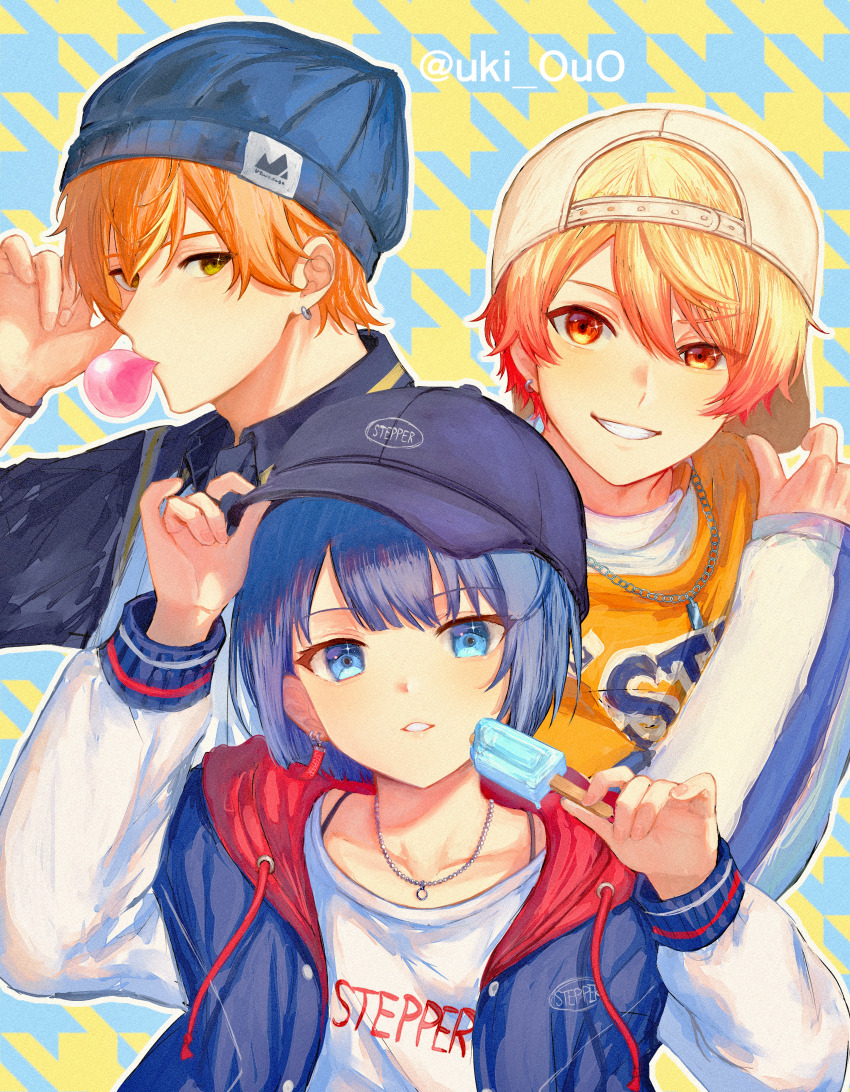1girl 2boys :d :o \||/ absurdres artist_name backwards_hat baseball_cap beanie blonde_hair blowing_bubble_gum blowing_bubbles blue_eyes blue_hair blue_jacket blunt_bangs blunt_ends bob_cut bracelet chewing_gum collarbone collared_shirt drawstring earrings food from_side grin hair_between_eyes hat head_tilt highres holding holding_food holding_popsicle hood hoodie jacket jewelry kiritani_haruka long_sleeves looking_at_viewer multiple_boys necklace open_clothes open_jacket open_mouth orange_eyes orange_hair popsicle project_sekai raised_eyebrow ring ring_necklace shinonome_akito shirt short_hair smile sparkling_eyes strap swept_bangs teeth tenma_tsukasa upper_body very_short_hair white_shirt yellow_eyes yellow_jacket yuxi