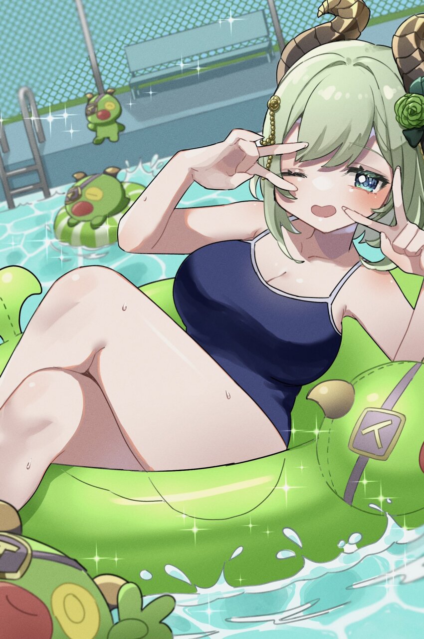 1girl alternate_costume bench blue_eyes blue_one-piece_swimsuit blush breasts brown_horns chain-link_fence commentary_request creature crossed_legs curled_horns demon_girl demon_horns double_v dutch_angle feet_out_of_frame fence flower green_flower green_hair green_innertube green_rose hair_flower hair_intakes hair_ornament highres horns large_breasts looking_at_viewer nanashi_inc. one-piece_swimsuit one_eye_closed open_mouth pool rose sekishiro_mico short_hair smile solo splashing swimsuit tamotsu_(mary) v v_over_eye virtual_youtuber water