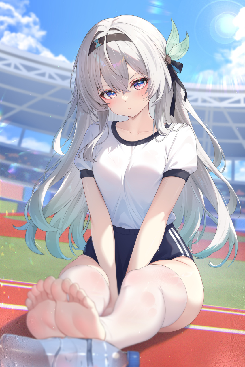 1girl absurdres alternate_costume arms_between_legs barefoot black_hairband blue_buruma blue_sky blurry blurry_foreground blush bottle breasts buruma closed_mouth cloud cloudy_sky commentary crossed_bangs day duplicate feet firefly_(honkai:_star_rail) grey_hair gym_uniform hair_between_eyes hair_intakes hair_ornament hairband hashtag-only_commentary highres honkai:_star_rail honkai_(series) kuroida long_hair looking_at_viewer outdoors paid_reward_available pixel-perfect_duplicate plastic_bottle puffy_short_sleeves puffy_sleeves purple_eyes running_track shirt shirt_tucked_in short_sleeves sitting sky soles solo stirrup_legwear sunlight symbol-only_commentary thighhighs thighs toeless_legwear toes v-shaped_eyebrows v_arms water_bottle white_shirt white_thighhighs