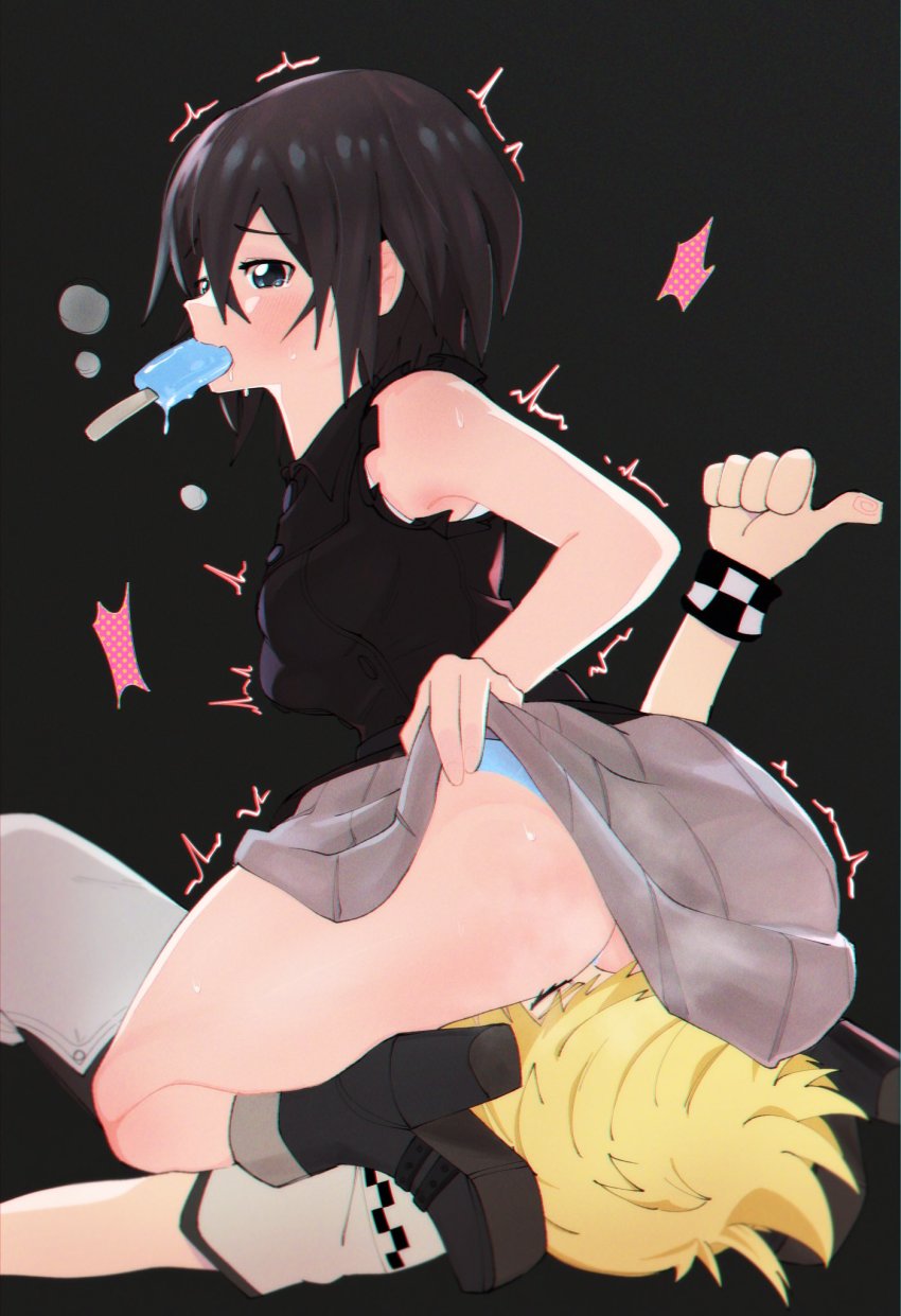 1boy 1girl ass black_hair black_shirt blonde_hair blue_panties blush closed_eyes clothes_lift eyebrows food food_in_mouth high_heels hetero highres ice_cream kingdom_hearts lying panties roxas sea_salt_ice_cream shirt short_hair sitting sitting_on_face sitting_on_person skirt skirt_lift spaghetto087 tears thumbs_up underwear wristband xion_(kingdom_hearts)