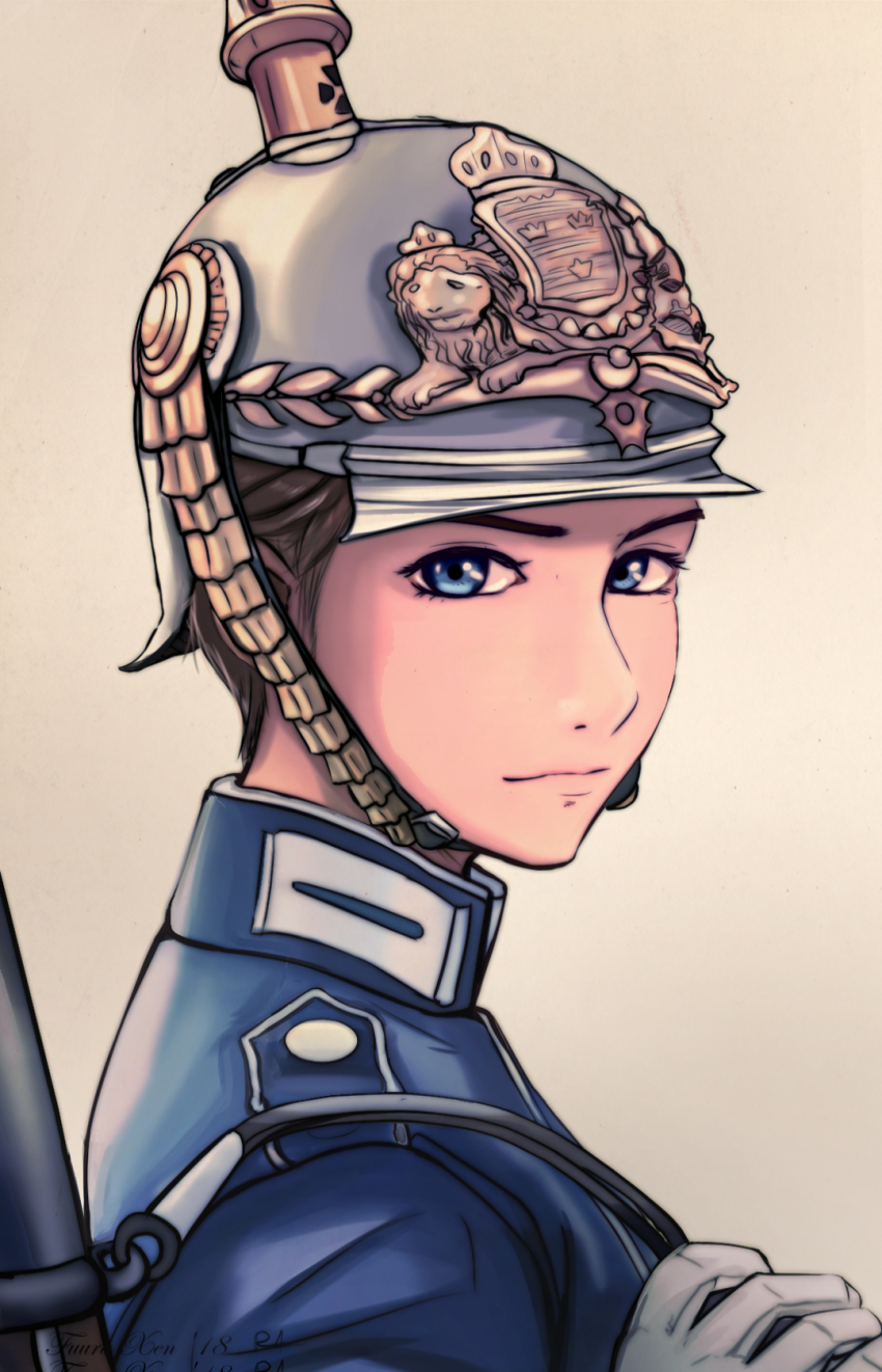 blue_eyes blue_jacket brown_hair coat_of_arms collar collared_jacket combat_helmet commentary custodian_helmet fuura gloves guard hair_up helmet highres jacket lion looking_at_viewer looking_to_the_side original pickelhaube shoulder_strap simple_background soldier solo strap swedish_uniform tre_kronor weapon weapon_on_back white_gloves