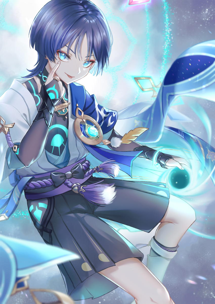 1boy :p akanbe aqua_eyes black_shirt black_shorts black_sleeves blue_hair closed_mouth eyelid_pull genshin_impact hair_between_eyes highres japanese_clothes kuro_tsubasa looking_at_viewer male_focus scaramouche_(genshin_impact) shirt short_hair short_sleeves shorts smile tongue tongue_out upper_body wanderer_(genshin_impact)