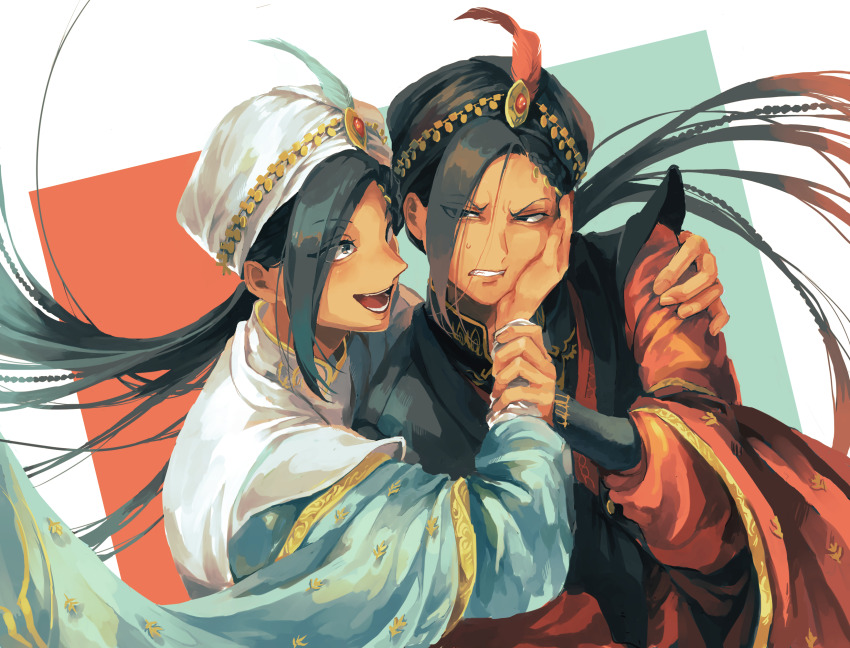 2boys aegyo_sal arabian_clothes arm_around_shoulder bishounen black_eyes black_hair black_robe black_turban blue_feathers blue_robe braid clenched_teeth dark-skinned_male dark_skin dual_persona feathers gold gold_trim grabbing_another&#039;s_arm grimace grin hair_over_one_eye hand_on_another&#039;s_cheek hand_on_another&#039;s_face head_grab highres jamil_viper looking_at_another loose_hair_strand multiple_boys multiple_braids ponytail red_feathers red_robe robe sayorihp smile spoilers sweatdrop teeth twisted_wonderland v-shaped_eyebrows white_robe white_turban