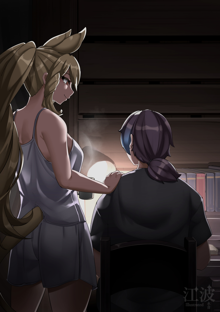 1boy 1girl animal_ears black_hair blonde_hair book camisole captain_(kemono_friends) chair cup desk desk_lamp extra_ears highres holding holding_cup kawanami_eito kemono_friends kemono_friends_3 lamp long_hair rhinoceros_ears rhinoceros_girl rhinoceros_tail shirt shorts t-shirt tail white_rhinoceros_(kemono_friends) yellow_eyes
