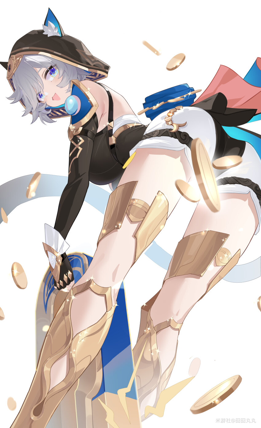 1girl absurdres animal_ear_fluff animal_ears animal_hood ass black_gloves black_leotard blue_eyes boots breasts cat_ears cat_girl cat_hood cat_tail chinese_commentary cipher_(honkai:_star_rail) coin commentary_request fingerless_gloves freeeeeeeeeee from_behind gloves gold_boots gold_coin grey_hair highres holding honkai:_star_rail honkai_(series) hood hooded_leotard large_breasts leotard looking_at_viewer magnet miyoushe_watermark open_mouth oversized_object short_hair shorts simple_background solo tail watermark white_background white_shorts