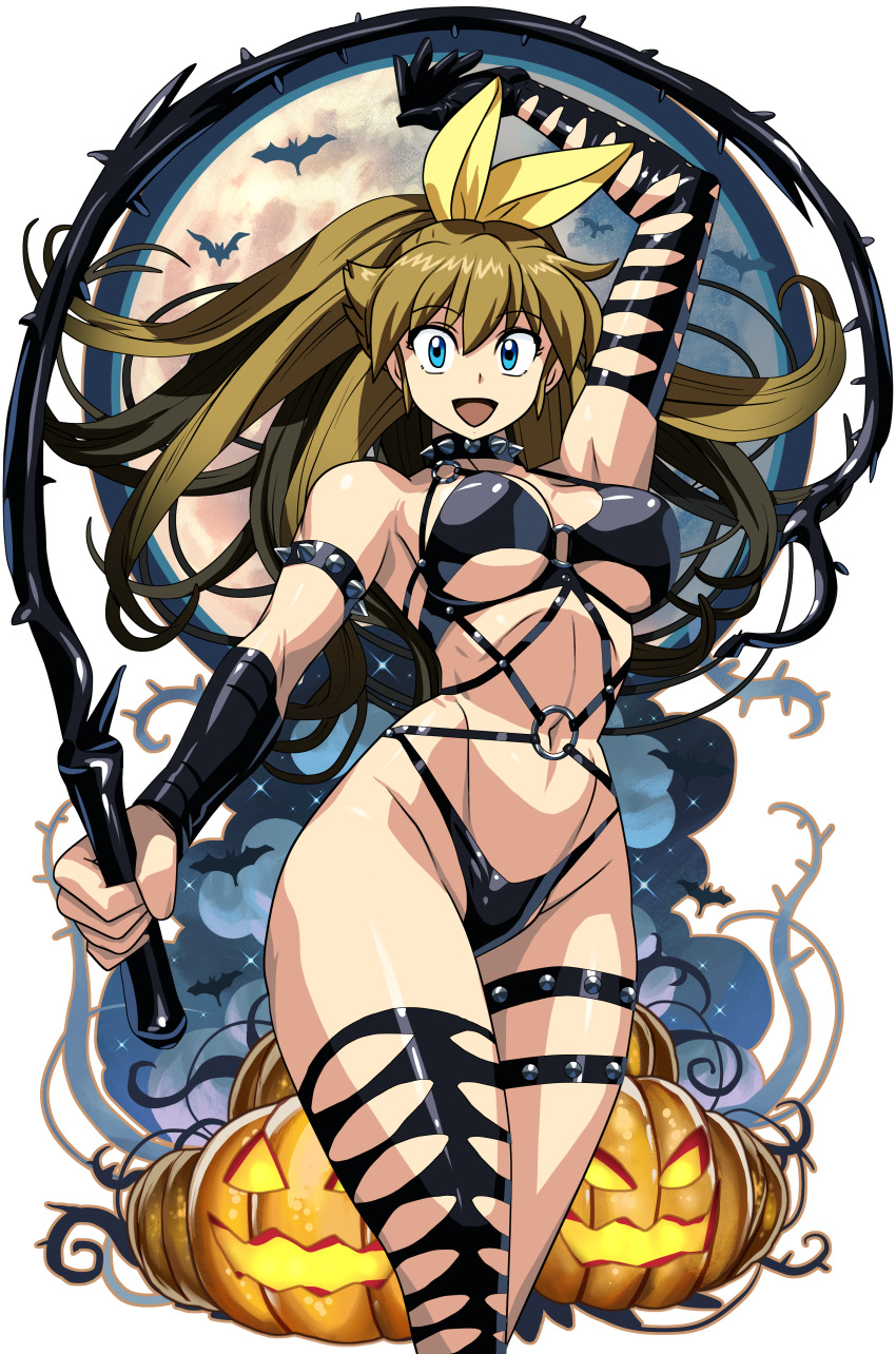 1girl absurdres animal armlet bat_(animal) blue_eyes bondage_outfit bow breasts brown_hair choker cosplay covered_erect_nipples hair_between_eyes hair_bow halloween highleg highres holding holding_weapon holding_whip jewelry long_hair m.u.g.e.n o-ring open_mouth original ponytail pumpkin revealing_clothes ryuko_(oggyoggy) solo spiked_choker spikes tagme underboob weapon whip yellow_bow