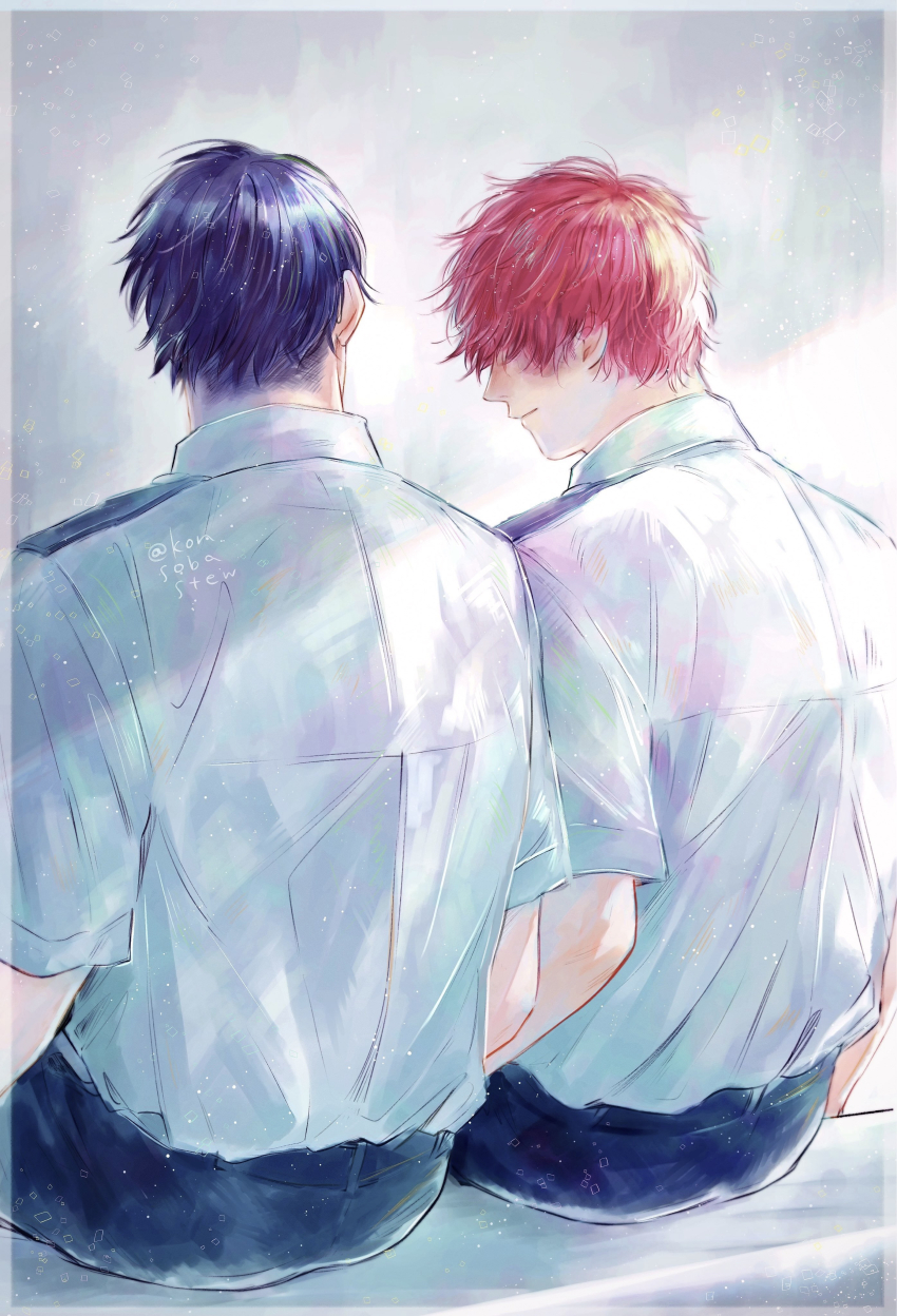 2boys absurdres black_hair black_pants boku_no_hero_academia border closed_mouth facing_away grey_background grey_border highres iida_tenya konsobastew light_particles male_focus multiple_boys pants red_hair scar scar_on_face shirt short_hair sitting todoroki_shoto twitter_username white_shirt