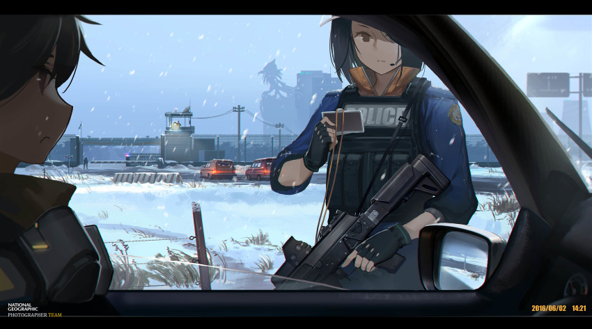 1boy 1girl :&lt; absurdres ak-12 assault_rifle barbed_wire black_gloves black_hair brown_eyes bulletproof_vest car_interior card chromatic_aberration commentary_request dated driving energy_barrier eotech fingerless_gloves frown gate gloves grey_sky gun headset highres holding holding_card holding_gun holding_weapon id_card kalashnikov_rifle kexue lanyard left-hand_drive letterboxed looking_at_another national_geographic original outdoors police police_uniform power_lines rifle road_sign satellite_dish searchlight short_hair sign silhouette sky snow snowing tower trigger_discipline watch_tower weapon weapon_request wire_fence