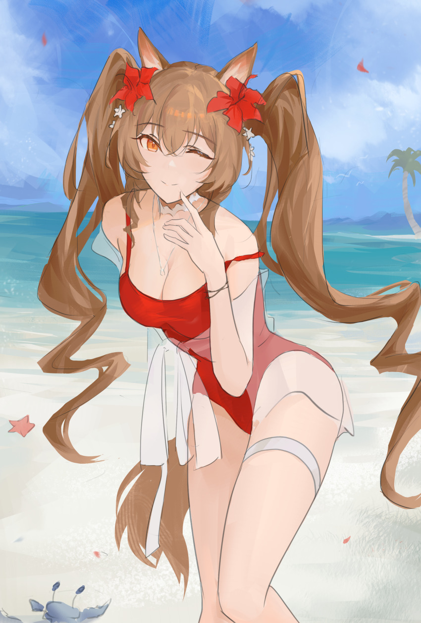 1girl absurdres alternate_breast_size_(larger) angelina_(arknights) angelina_(summer_flower)_(arknights) animal_ear_fluff animal_ears arknights beach breasts brown_hair casual_one-piece_swimsuit cleavage commentary_request crab day flower fox_ears fox_girl fox_tail hair_between_eyes hair_flower hair_ornament hibiscus highleg highleg_one-piece_swimsuit highres jewelry large_breasts leaning_forward long_hair long_sidelocks looking_at_viewer necklace ocean official_alternate_costume one-piece_swimsuit one_eye_closed orange_eyes outdoors palm_tree pointing pointing_at_self red_flower red_one-piece_swimsuit shizuyumemi sidelocks smile solo spaghetti_strap starfish strap_slip swimsuit swimsuit_cover-up tail thigh_strap tree white_flower
