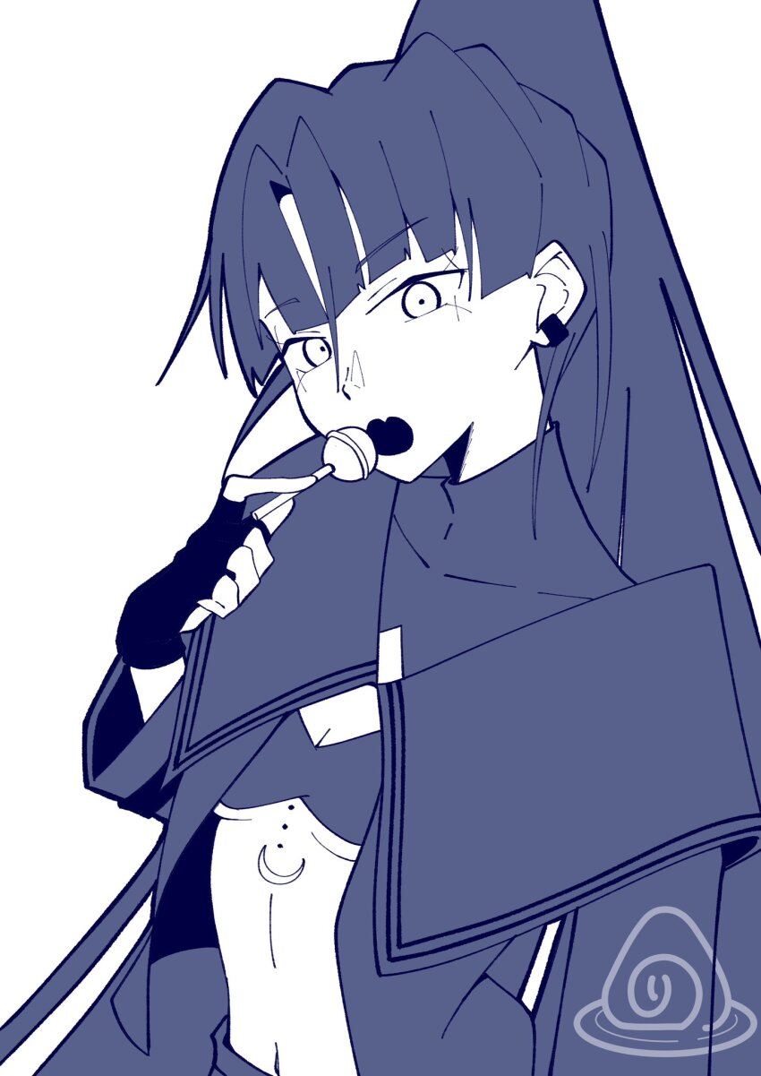 1girl ado_(utaite) breasts candy commentary earclip fang fingerless_gloves food gloves highres holding holding_candy holding_food holding_lollipop lollipop long_hair looking_at_viewer monochrome naima_(ado) nori_(norinori_yrl) open_clothes open_mouth open_shirt ponytail simple_background skin_fang small_breasts solo underboob upper_body usseewa white_background