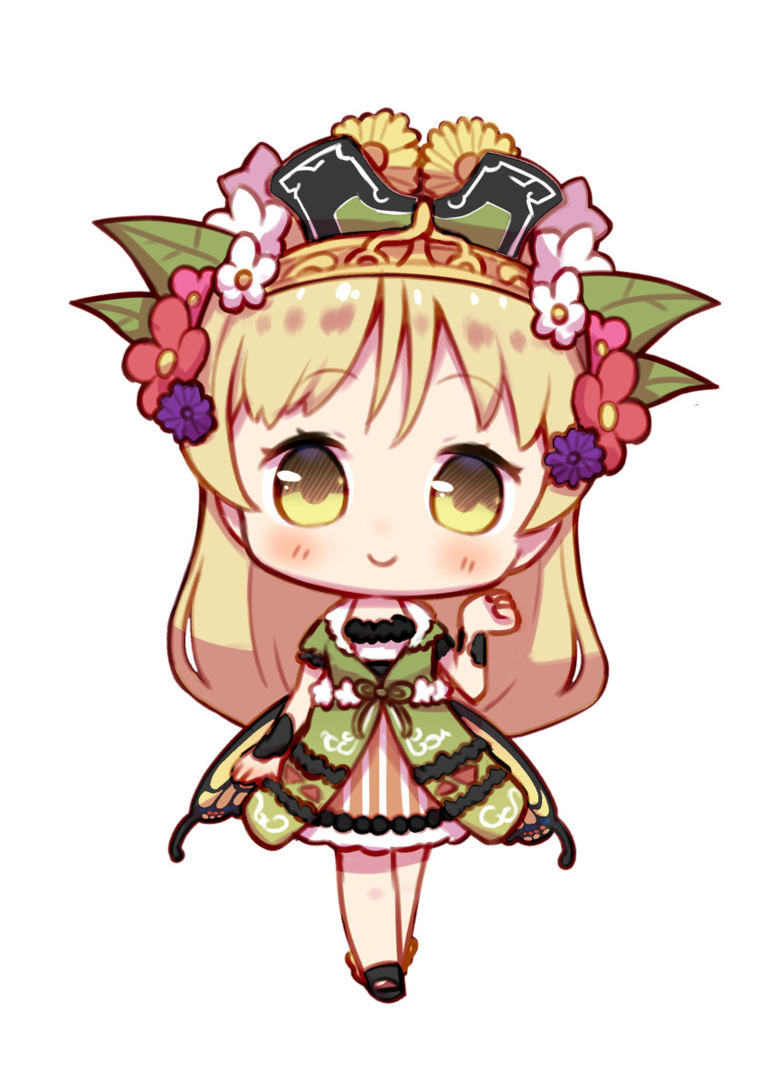 1girl atelier_(series) atelier_shallie ayesha_altugle black_footwear blonde_hair chibi closed_mouth commentary_request dress flower full_body green_dress green_hat hair_flower hair_ornament hand_up hat highres kinakonato leaf_hair_ornament long_hair looking_at_viewer pink_flower smile solo standing white_flower wrist_cuffs yellow_eyes