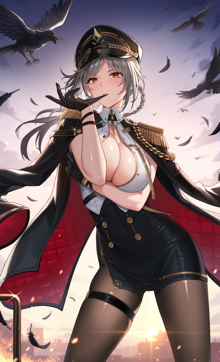 1girl absurdres arm_under_breasts bird biting biting_glove black_bird black_coat black_gloves black_hat black_pantyhose black_skirt blush braid breasts center_opening chinese_commentary cleavage cloud coat coat_on_shoulders collared_shirt commentary_request contrapposto crow dahe_zhuang_(yishi_fanhua) epaulettes falling_feathers feathers gloves gold_trim hand_up hat highres large_breasts light_particles long_hair looking_at_viewer military_uniform miniskirt nerida_-_styx_envoy nerida_-_styx_envoy_(dawn&#039;s_command) nerida_morozova pantyhose red_eyes shako_cap shirt side_braid skirt skyline snowbreak:_containment_zone solo standing sunset thigh_strap two-sided_coat two-sided_fabric white_hair white_shirt