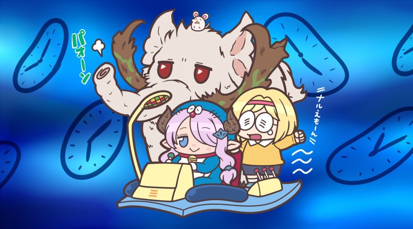 2girls :&gt; analog_clock bell blonde_hair blue_eyes clock commentary_request cosplay cupsoup djeeta_(granblue_fantasy) doraemon doraemon_(character) doraemon_(character)_(cosplay) glasses granblue_fantasy hair_over_one_eye hairband highres horns long_hair mammoth mammoth_(granblue_fantasy) mouse_(animal) multiple_girls narmaya_(granblue_fantasy) neck_bell nobi_nobita nobi_nobita_(cosplay) parody pink_hair post_guild_war_celebration round_eyewear shirt short_hair shorts sitting standing time_machine translation_request yellow_shirt