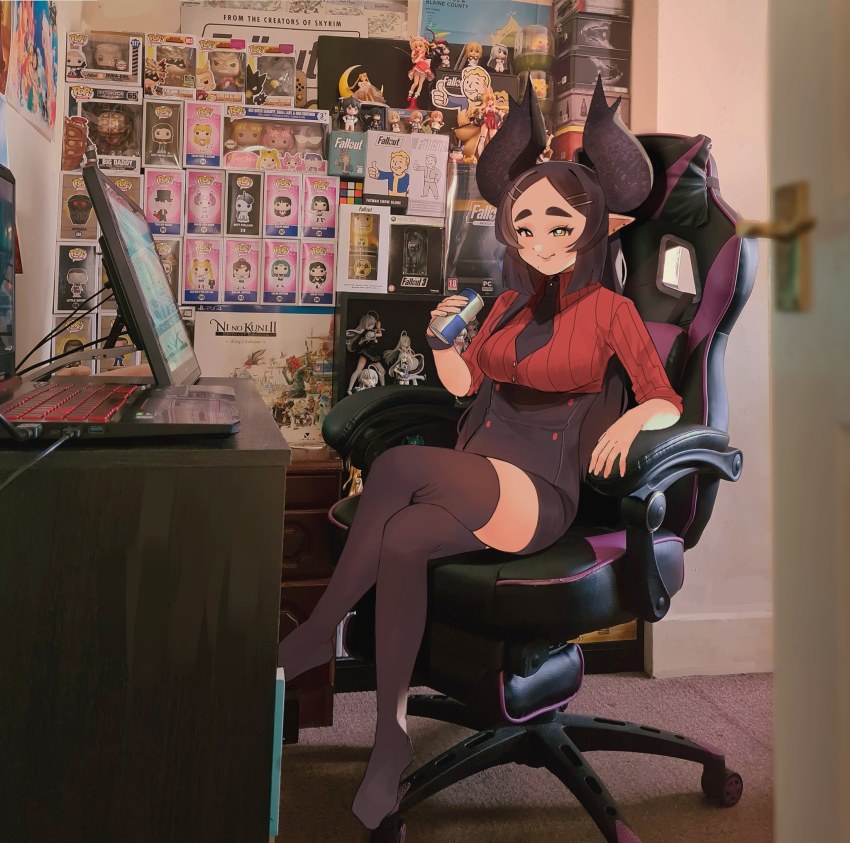 1girl bad_id bad_twitter_id bioshock_(series) bishoujo_senshi_sailor_moon breasts can commentary demon_girl dungeon_ni_deai_wo_motomeru_no_wa_machigatteiru_darou_ka ear_piercing english_commentary fallout fallout_3 heterochromia highres holding holding_can horns indie_virtual_youtuber infinite_stratos kumaartsu kumaartsu_(vtuber) medium_breasts mole mole_under_mouth ni_no_kuni_ii otaku_room photo_background piercing pointy_ears red_bull red_eyes ribbed_sweater sitting smile solo sweater tales_of_(series) tales_of_berseria the_elder_scrolls the_elder_scrolls_v:_skyrim thighhighs virtual_youtuber yellow_eyes