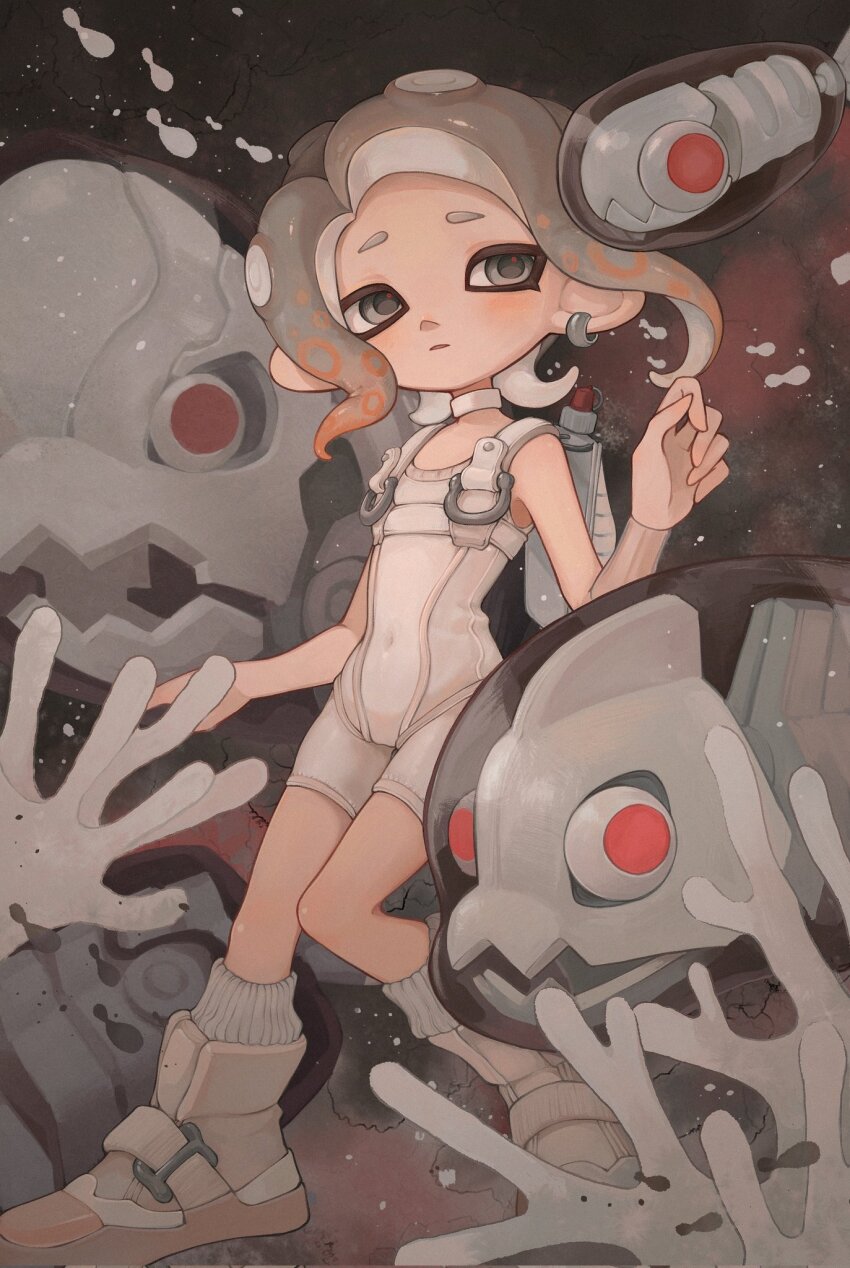 1girl agent_8_(splatoon) battering_lento bodysuit boots brown_hair choker commentary coral covered_navel detached_sleeves earrings fish full_body grey_eyes grey_hair hand_up highres hoop_earrings ink_tank_(splatoon) jelleton jewelry liang_cun_rakuna long_hair marching_andante multicolored_hair nintendo octoling octoling_girl octoling_player_character parted_lips see-through_clothes see-through_sleeves single_detached_sleeve sleeveless sleeveless_bodysuit socks splatoon_(series) splatoon_3 splatoon_3:_side_order suction_cups swarming_languendo symbol-only_commentary tentacle_hair two-tone_hair white_bodysuit white_choker white_footwear white_socks