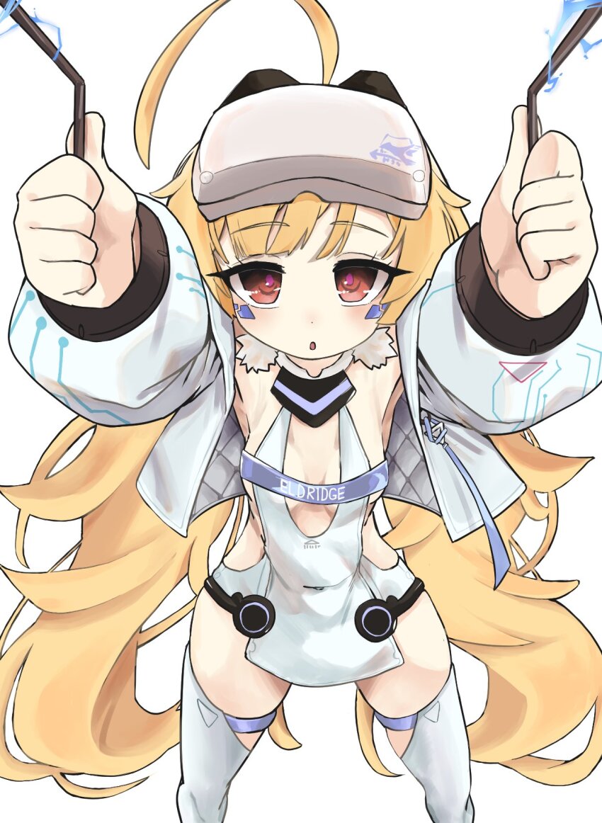 1girl ahoge armpits arms_up azur_lane blonde_hair breast_strap breasts covered_navel cropped_jacket eldridge_(azur_lane) eldridge_(retrofit)_(azur_lane) electricity facial_mark hands_up highres jacket light_blush long_hair looking_at_viewer low_twintails official_alternate_costume orange_eyes parted_lips petite purple_pupils roli7946 small_breasts solo thighhighs twintails very_long_hair white_jacket white_thighhighs