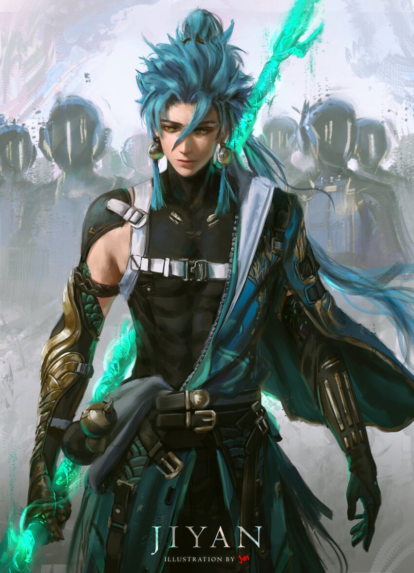 1boy absurdres army artist_name belt black_belt black_pants black_shirt character_name closed_mouth commentary cowboy_shot earrings english_commentary gauntlets green_hair green_kimono hadanugi_dousa highres holding holding_behind_back holding_polearm holding_polearm_behind_back holding_weapon holding_weapon_behind_back japanese_clothes jewelry jiyan_(wuthering_waves) jvn kimono long_hair looking_at_viewer male_focus multiple_belts open_clothes open_kimono pangu_terminal_(wuthering_waves) pants people polearm ponytail revision shirt solo_focus spear toned toned_male turtleneck turtleneck_shirt very_long_hair weapon wuthering_waves yellow_eyes