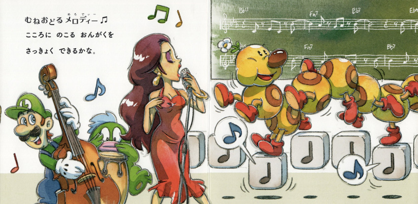 1boy 1girl breasts brown_hair cleavage closed_eyes donkey_kong_(series) dress drums eyeshadow facial_hair gloves grin hat instrument lipstick long_hair looking_at_another luigi makeup mario_(series) microphone musical_note mustache nintendo note_block_(mario) official_art overalls pauline_(mario) promotional_art red_dress smile spike_(mario) super_mario_bros._1 super_mario_odyssey violin wiggler