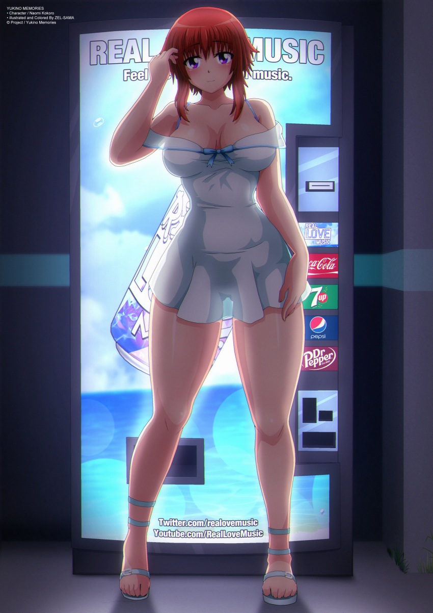 1girl 7up absurdres blue_bow blush bow bra_strap breasts cleavage coca-cola collarbone dr_pepper dress highres large_breasts looking_at_viewer naomi_kokoro pepsi purple_eyes red_hair sandals short_hair sleeveless sleeveless_dress smile standing vending_machine white_dress white_sandals yukino_memories zel-sama