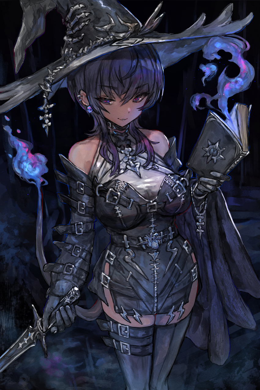 1girl absurdres bare_shoulders belt belt_collar belted_dress black_background black_belt black_collar black_dress black_footwear blue_fire book breasts collar dagger dark_background detached_sleeves dress earrings fire gloves hat highres holding holding_book holding_dagger holding_knife holding_weapon jewelry knife large_breasts leather_dress lightning_bolt_symbol long_fall_boots long_hair looking_to_the_side magic multiple_belts multiple_earrings original pencil_dress purple_eyes purple_hair sabamiso_taro seductive_smile shoe_belt skeletal_hand skull_earrings sleeve_belt sleeveless sleeveless_dress smile tail weapon witch witch_hat
