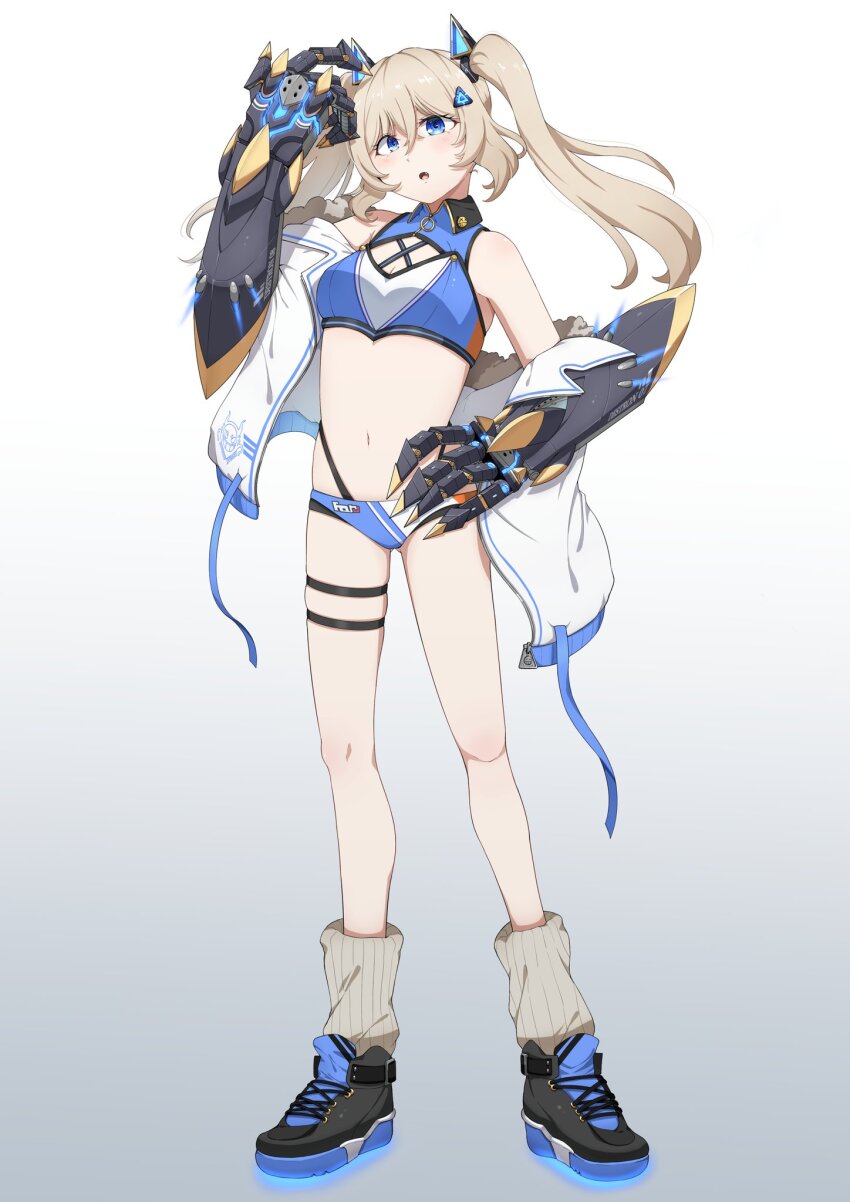 1girl arm_up bare_shoulders bikini black_shoes blonde_hair blue_bikini blue_eyes blue_shoes blue_trim breasts clawed_gauntlets cleavage_cutout clothing_cutout collared_bikini commentary_request contrast_collar crossed_bangs full_body gauntlets glowing gradient_background grey_background hair_between_eyes hair_ornament hand_on_own_hip head_tilt highres jacket layered_bikini long_hair looking_at_viewer loose_socks mechanical_arms medium_breasts morros multicolored_bikini multicolored_shoes multiple_thigh_straps navel off_shoulder open_mouth original power_fist shoes socks solo standing stomach swimsuit tekkou-chan_(morros) thigh_strap triangle_hair_ornament turtleneck_bikini_top twintails two-tone_bikini variant_set white_bikini white_jacket