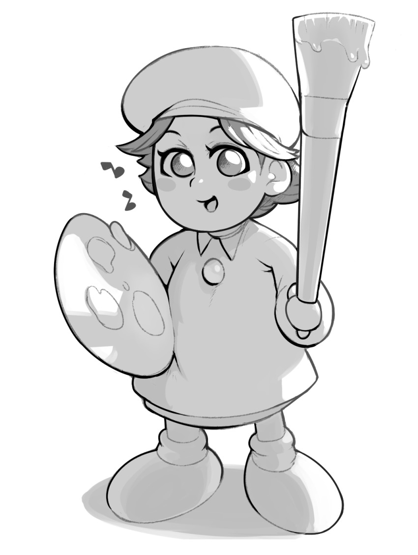 1girl adeleine beret dress greyscale hat highres holding holding_paint_palette holding_paintbrush kirby_(series) krekkov looking_at_viewer monochrome musical_note nintendo open_mouth paint_palette paintbrush short_hair simple_background smile solo standing white_background